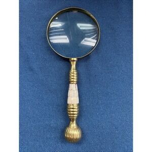 Brass Magnifying Glass w/ Mother of Pearl Handle Hand Held Magnifier 10"